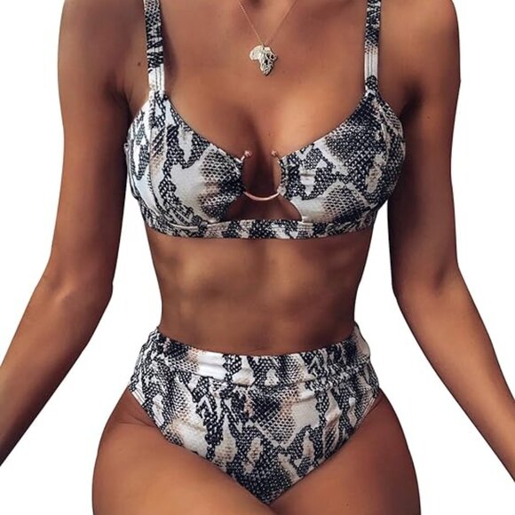Other - Women High Waisted Bikini Ring Sexy Snakeskin Print Black Piece Swimsuit